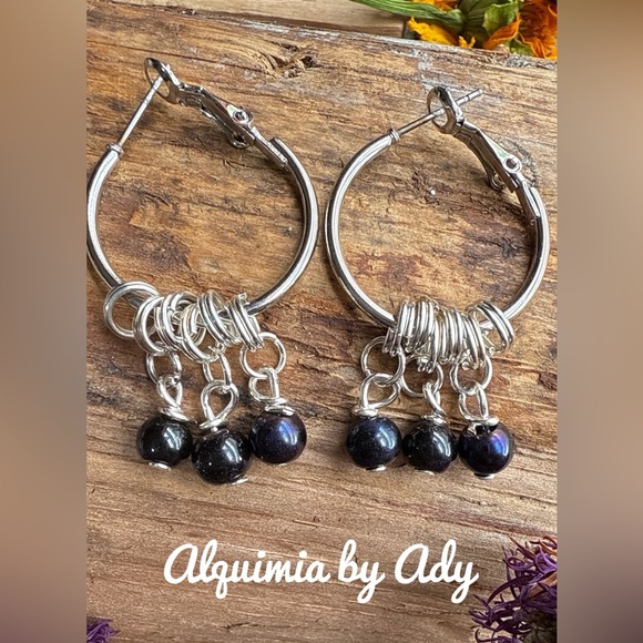 Silver Hoop Earrings with Black Beads rainbow obsidian - Picture 1 of 1